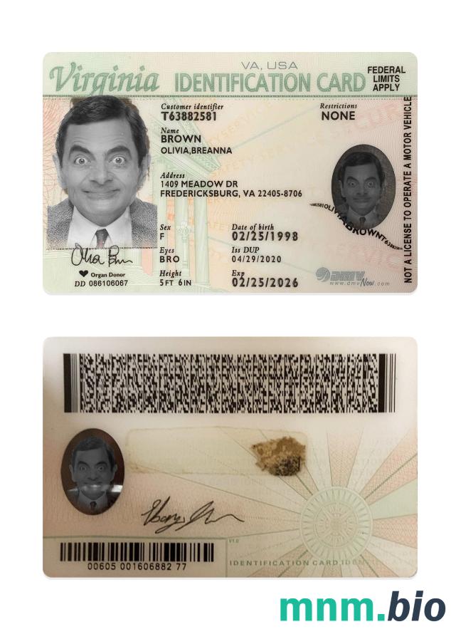 Przykład karty identyfikacyjnej stanu Wirginia (USA) w formacie PSD, w pełni edytowalny